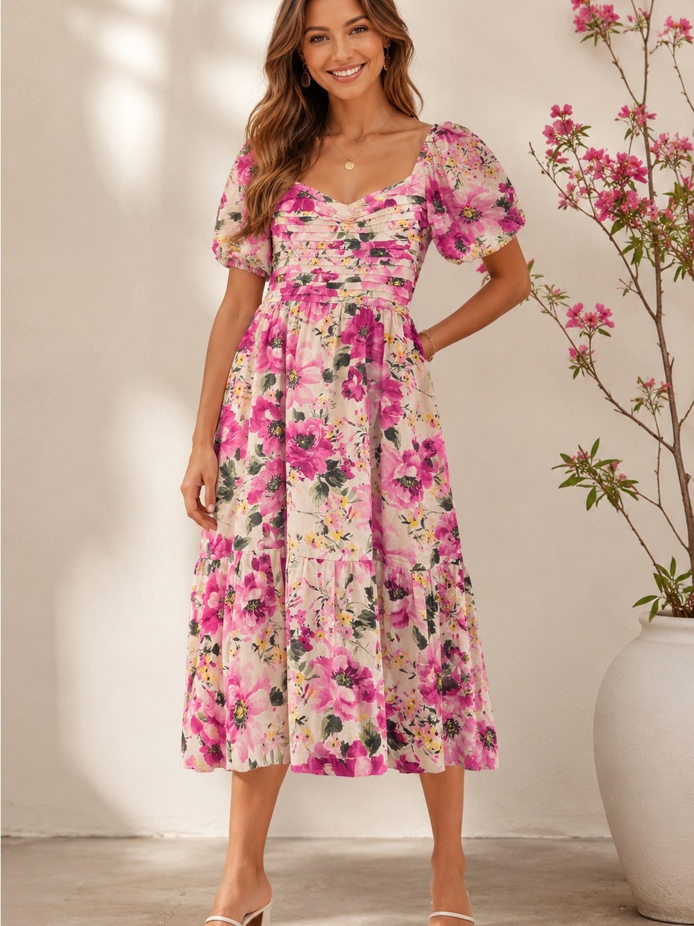 Abercrombie & Fitch Emerson Pink Floral Puff-Sleeve Midi Dress